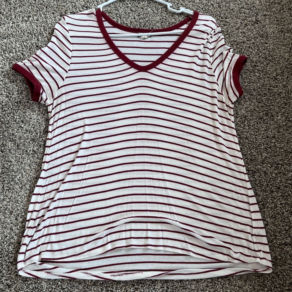 White and red striped v neck